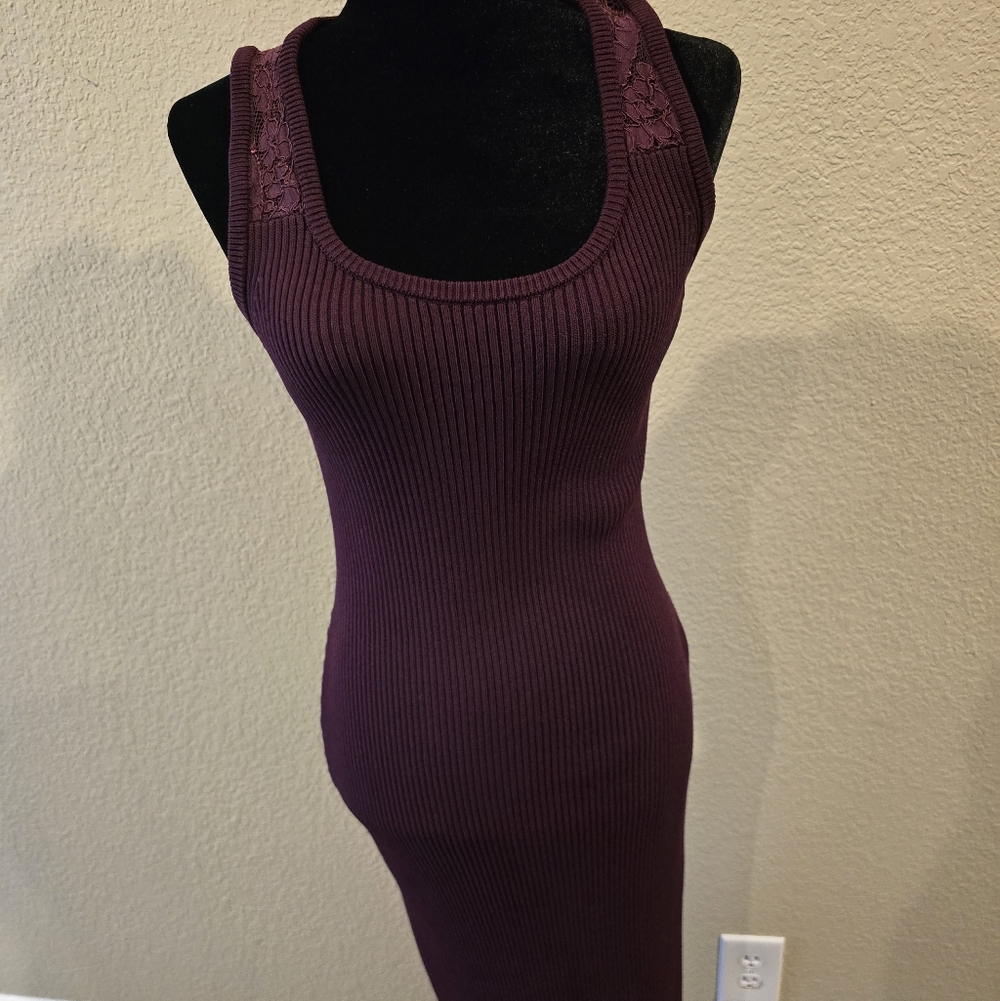 Michael Kors Dress Women Maroon Bodycon Knit Ribbed Sleeveless Lace Trim Size L
